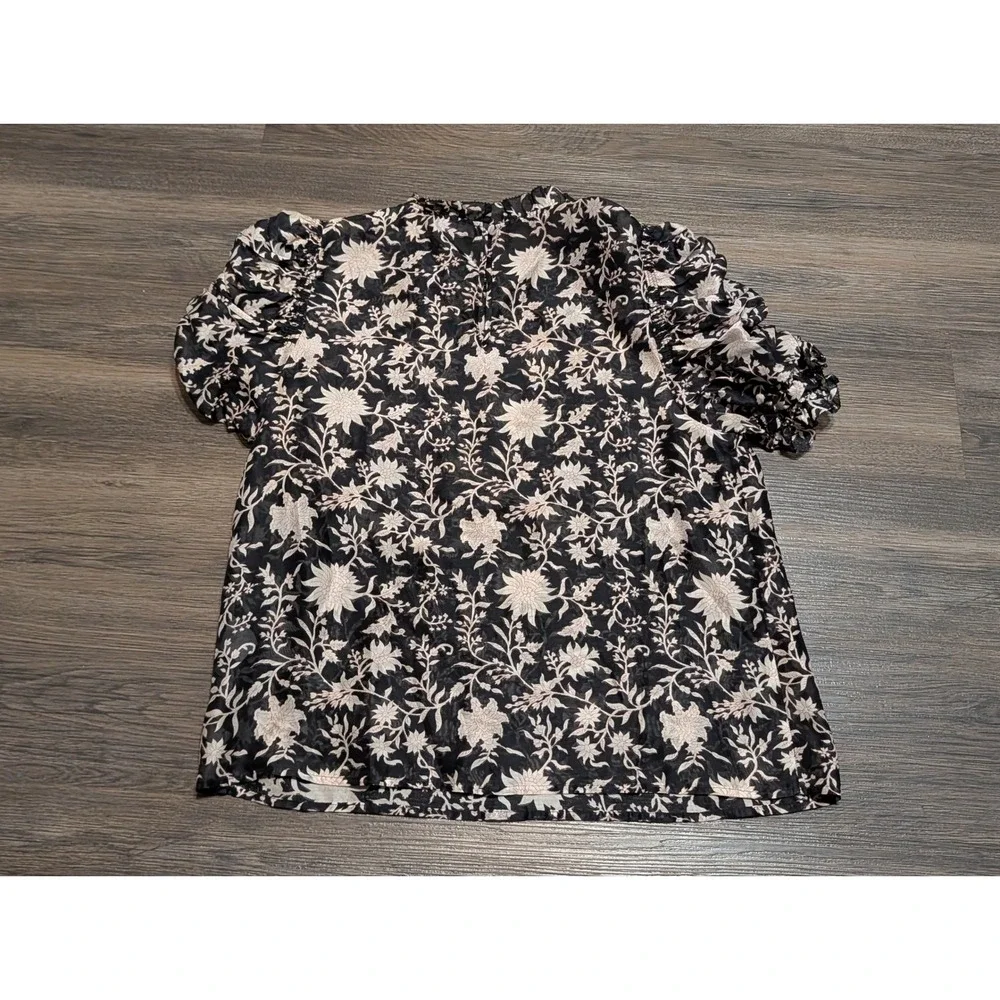 Ulla Johnson Black Floral Silk Cotton Puff Short Sleeve Mock Neck Top Size 4